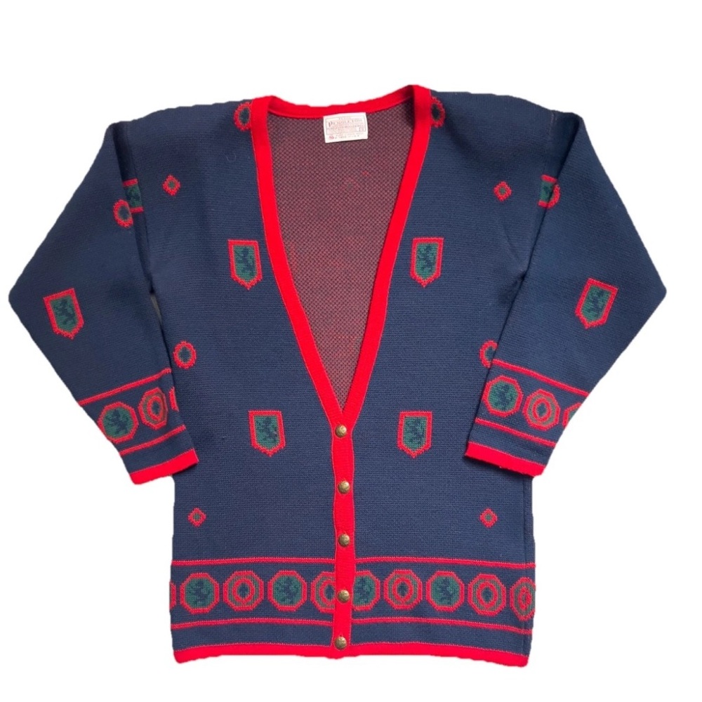 VTG PENDLETON Navy, Red & Green Wool V-Neck Cardigan Sweater Womens Petite Small